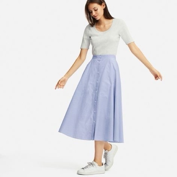 Uniqlo Blue Striped A-Line Button-Front Midi Skirt Cotton Blend S Casual - Picture 2 of 14